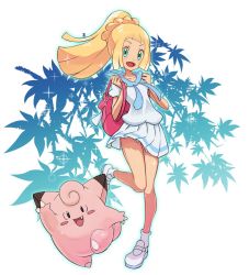 Rule 34 | 1girl, blonde hair, blouse, braid, breasts, clefairy, colorized, creatures (company), dress, fang, female focus, french braid, game freak, gen 1 pokemon, green eyes, highres, jumping, kisama (0213), legs, lillie (pokemon), looking at viewer, miniskirt, nintendo, nyonn24, pokemon, pokemon (creature), pokemon sm, ponytail, shirt, skirt, small breasts, smile, socks, white shirt