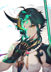 Rule 34 | 1boy, absurdres, ahoge, arm guards, arm tattoo, armor, asymmetrical clothes, bad id, bad pixiv id, bead necklace, beads, black hair, detached sleeves, diamond (shape), eyeshadow, facial mark, fading, fangs, forehead mark, genshin impact, gloves, green gloves, green hair, hand on own face, highres, holding, holding polearm, holding spear, holding weapon, jewelry, looking at viewer, makeup, male focus, mask, masked, multicolored hair, necklace, one eye covered, parted bangs, pendant, polearm, red eyeshadow, short hair, short hair with long locks, shoulder pads, sidelocks, simple background, single bare shoulder, single detached sleeve, solo, spear, tassel, tattoo, two-tone hair, wawako mama, weapon, white background, xiao (genshin impact), yellow eyes
