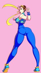 Rule 34 | &gt;:o, 1990s (style), 1girl, :o, alternate costume, angry, antenna hair, armpits, ass, bare shoulders, bodysuit, breasts, brown eyes, brown hair, cameltoe, capcom, chun-li, cleft of venus, clenched hands, crop top, cropped vest, double bun, fighting stance, from behind, full body, hair bun, hair ribbon, highres, kneepits, legs, legs apart, lips, long legs, looking at viewer, looking back, narrow waist, open mouth, pink background, retro artstyle, ribbon, shoes, short hair, simple background, sneakers, solo, standing, street fighter, street fighter zero (series), studded bracelet, sven (svenners), thick thighs, thighs, turtleneck, unitard, v-shaped eyebrows, vest