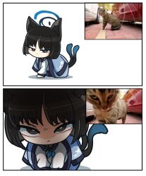 Rule 34 | 1girl, animal, animal ears, asimo953, black eyes, black hair, black sailor collar, blue archive, blue halo, blue neckerchief, cat, cat ears, cat tail, closed mouth, halo, haori, highres, japanese clothes, kikyou (blue archive), long sleeves, multiple tails, multiple views, neckerchief, photo-referenced, reference inset, sailor collar, school uniform, serafuku, short hair, tail, two tails