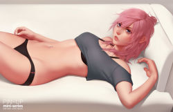 Rule 34 | 10s, 1girl, bed, black panties, blue eyes, bra, couch, final fantasy, final fantasy xiii, gradient background, lightning farron, lying, navel, navel piercing, on back, panties, piercing, pillow, pink hair, realistic, solo, square enix, stomach, tsuaii, underwear, watermark, web address, white upholstery
