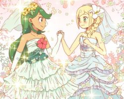 Rule 34 | 2girls, alternate hairstyle, artist request, bare shoulders, blonde hair, blush, bridal veil, collar, collarbone, creatures (company), dark-skinned female, dark skin, dress, elbow gloves, floral background, flower, game freak, gloves, green eyes, green hair, hair down, hair flower, hair ornament, holding hands, interlocked fingers, jewelry, lillie (pokemon), lily (flower), long hair, looking at another, mallow (pokemon), matching hair/eyes, multiple girls, necklace, nintendo, pink background, pokemon, pokemon (anime), pokemon sm, smile, source request, sparkle, standing, strapless, strapless dress, veil, wedding dress, white gloves, wife and wife, yuri