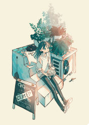 Rule 34 | 1girl, 99 yen (tsubura), absurdres, air conditioner, bag, beige background, black hair, black pants, book, broom, cat, closed mouth, commentary request, full body, green eyes, highres, holding, holding book, lens flare, long hair, looking up, open book, original, pants, plant, potted plant, reading, sandwich board, shoes, shopping bag, simple background, sleeves rolled up, solo, stairs, sweater, watch, white sweater, wristwatch