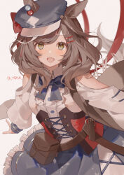 Rule 34 | 1girl, animal ears, arms at sides, belt pouch, blush, breasts, brown eyes, brown hair, clothing cutout, ears through headwear, hair ornament, hairclip, hat, highres, horse ears, horse girl, horse tail, looking at viewer, matikane tannhauser (umamusume), medium breasts, medium hair, open mouth, pouch, ribbon, shoulder cutout, simple background, solo, tail, twitter username, umamusume, white background, yogukasu