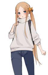 Rule 34 | 1girl, abigail williams (fate), absurdres, backpack, bag, black bow, blonde hair, blue eyes, blue pants, blush, bow, breasts, contemporary, denim, fate/grand order, fate (series), forehead, hair bow, highres, jeans, kopaka (karda nui), long hair, long sleeves, looking at viewer, multiple bows, open mouth, orange bow, pants, parted bangs, sidelocks, small breasts, solo, sweater, thighs, turtleneck, turtleneck sweater, twintails, white sweater
