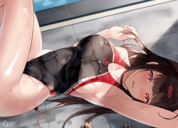 Rule 34 | 1girl, armpits, black one-piece swimsuit, blush, breasts, brown hair, competition swimsuit, dsr-50 (girls&#039; frontline), girls&#039; frontline, large breasts, long hair, looking at viewer, lying, on back, one-piece swimsuit, open mouth, red eyes, shirosaba, smile, solo, swimsuit, wet