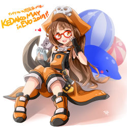 Rule 34 | 1girl, 2017, anchor, ball, beachball, bespectacled, black gloves, blush, boots, breasts, brown hair, dolphin, fingerless gloves, full body, glasses, gloves, guilty gear, guilty gear xrd, hat, highres, kibihimi, knees together feet apart, long hair, may (guilty gear), notebook, orange eyes, orange hat, pants, pants rolled up, pirate hat, red-framed eyewear, sailor collar, sitting, small breasts, solo