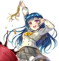 Rule 34 | &gt;:d, 10s, 1girl, :d, absurdres, arm up, blue hair, blush, bow, bowl, bowtie, buttons, chopsticks, commentary request, double-breasted, food, hair bun, highres, holding, holding chopsticks, light blush, long hair, long sleeves, looking at viewer, love live!, love live! sunshine!!, noodles, open mouth, pleated skirt, purple eyes, ramen, school uniform, serafuku, side bun, simple background, single side bun, skirt, smile, solo, translated, tsushima yoshiko, v-shaped eyebrows, violetshit, w, w over eye, white background, yellow bow, yellow bowtie