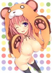 Rule 34 | 1girl, absurdres, animal costume, animal hands, black thighhighs, blush, breasts, cleavage, foreshortening, gloves, highres, large breasts, leaning forward, long hair, looking at viewer, navel, nipples, one eye closed, open mouth, original, paw gloves, pink hair, polka dot, polka dot background, purple eyes, pussy, smile, solo, thighhighs, uncensored, wink, yuuki hagure