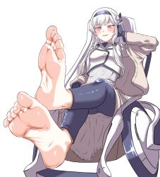 Rule 34 | 1girl, absurdres, barefoot, blue archive, blush, feet, foot focus, hairband, highres, himari (blue archive), purple eyes, long hair, open mouth, pointy ears, soles, toes, wheelchair, white hair