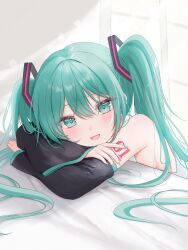 Rule 34 | 1girl, aqua eyes, aqua hair, aqua nails, blush, commentary, crossed arms, detached sleeves, eyelashes, hair between eyes, hatsune miku, head on arm, highres, klee-on, light rays, long hair, looking at viewer, open mouth, shoulder tattoo, simple background, smile, solo, symbol-only commentary, tattoo, very long hair, vocaloid, white background, window