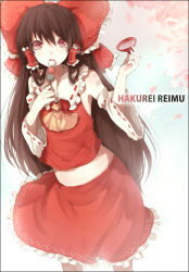 Rule 34 | 1girl, bad id, bad pixiv id, bow, bowl, brown hair, character name, cherry blossoms, cup, dango, detached sleeves, drink, eating, female focus, food, hair bow, hakurei reimu, japanese clothes, long hair, midriff, miko, navel, red eyes, skirt, solo, tetsuo (tashirosu), touhou, very long hair, wagashi, water