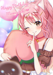 Rule 34 | 1girl, animal ears, balloon, bell, belt, blurry, blurry background, blush, brown eyes, cat, cat ears, cat girl, choker, grin, hair ornament, hairclip, happy birthday, highres, holding, holding stuffed toy, index finger raised, indie virtual youtuber, long hair, looking at viewer, momoshiki (vtuber), neck bell, off-shoulder shirt, off shoulder, one eye closed, pink hair, pom pom (clothes), pom pom hair ornament, ponytail, sakunagita, shirt, smile, solo, stuffed peach, stuffed toy, very long hair, virtual youtuber
