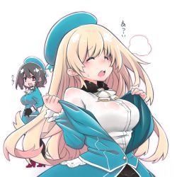 Rule 34 | 10s, 2girls, ascot, atago (kancolle), beret, black gloves, black hair, black legwear, blonde hair, breasts, closed eyes, gloves, hat, high heels, hot, jacket, kantai collection, large breasts, long hair, military, military uniform, multiple girls, open clothes, open jacket, red eyes, rikuo (whace), shirt, short hair, sweatdrop, takao (kancolle), thighhighs, uniform, white shirt