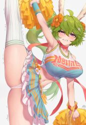 Rule 34 | 1girl, absurdres, ahoge, alpaca ears, alternate costume, animal ears, arm up, armpits, blue shirt, blue skirt, blush, breasts, cheerleader, clenched teeth, collarbone, cropped shirt, embarrassed, flower, frilled skirt, frills, fun shalam, green hair, guardian tales, hair between eyes, hair flower, hair ornament, highres, holding, holding pom poms, large breasts, long hair, looking at viewer, mayreel (guardian tales), midriff, navel, neck ribbon, orange flower, panties, pleated skirt, pom pom (cheerleading), pom poms, purple eyes, red ribbon, ribbon, shirt, side ponytail, skirt, sleeveless, sleeveless shirt, solo, split, standing, standing on one leg, standing split, sweat, teeth, thighhighs, thighs, trembling, underwear, white panties, white thighhighs