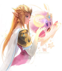 Rule 34 | 1girl, 1other, armor, blonde hair, blue eyes, cape, commentary, crossover, crown, earrings, elbow gloves, english commentary, gloves, jewelry, kirby, kirby (series), long hair, magic, nintendo, orb, pauldrons, pointy ears, princess zelda, ross tran, shoulder armor, super smash bros., the legend of zelda, triforce, white gloves
