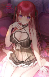 Rule 34 | 1girl, babydoll, barefoot, black choker, black panties, blush, breasts, choker, cleavage, cleavage cutout, clothing cutout, collarbone, commission, flower, gloves, halterneck, heart, heart-shaped pupils, highres, looking at viewer, navel, original, panties, parted lips, pillow, purple eyes, red hair, rose, see-through, sitting, skeb commission, solo, syandega, symbol-shaped pupils, thighs, two side up, underwear, wariza, white gloves