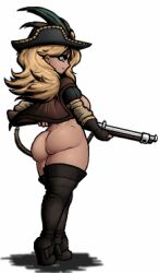 Rule 34 | 1girl, animated, animated gif, ass, ass shake, bare hips, blonde hair, blue eyes, boots, bouncing breasts, breasts, cape, darkest dungeon, female soldier, fighting stance, fingerless gloves, from behind, functionally nude, gloves, gun, hat, hat feather, high heel boots, high heels, holding, holding gun, holding weapon, large breasts, long hair, lowres, musket, musketeer, musketeer (darkest dungeon), no bra, no panties, nude, nude mod, puffy short sleeves, puffy sleeves, rifle, shadow, short sleeves, soldier, solo, standing, strap, thick thighs, thigh boots, thighs, transparent background, uncensored, video game, wavy hair, weapon, weapon on back, xelsword