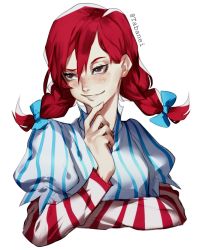 Rule 34 | 1girl, blue bow, bow, braid, crossed arms, dress, finger to own chin, freckles, pinstripe pattern, red hair, simple background, smile, smirk, smug, solo, striped, taba-fumi, twin braids, upper body, wendy&#039;s, wendy (wendy&#039;s), white background