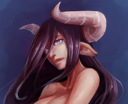 Rule 34 | 1girl, bad deviantart id, bad id, bankage, blue background, blue eyes, breasts, cleavage, demon girl, demon horns, hair over one eye, horns, large breasts, lips, long hair, looking at viewer, making-of available, nose, nude, original, pointy ears, purple hair, solo, upper body