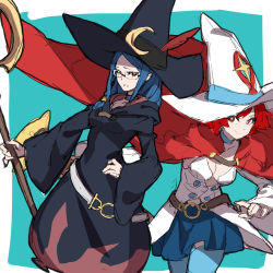 Rule 34 | 10s, 2girls, belt, blue hair, breasts, cape, chariot du nord, choker, cleavage, cloak, dual persona, glasses, hand on own hip, hat, highres, little witch academia, long hair, makai, medium breasts, multiple girls, red eyes, red hair, rimless eyewear, shiny chariot, short hair, sketch, small breasts, smile, staff, thighhighs, ursula callistis, witch, witch hat