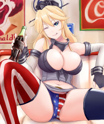 Rule 34 | 10s, 1boy, 1girl, :q, ;q, american flag panties, american flag print, blonde hair, blue eyes, bottle, breasts, cleavage, coca-cola, crotch, fingerless gloves, front-tie top, gloves, headgear, holding, indoors, iowa (kancolle), kantai collection, large breasts, long hair, looking at viewer, mcdonald&#039;s, microskirt, midriff, navel, one eye closed, portrait (object), poster (object), print panties, ronald mcdonald, sitting, skirt, solo focus, spread legs, star-shaped pupils, star (symbol), symbol-shaped pupils, thighhighs, tongue, tongue out, upskirt, yuutai