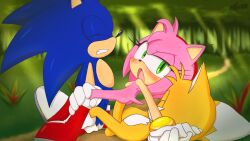 Rule 34 | absurdres, amy rose, anal, big the cat, breasts, double penetration, excito, forest, group sex, highres, holding hands, nature, penis, public indecency, small breasts, sonic (series), sonic the hedgehog, tails (sonic), vaginal