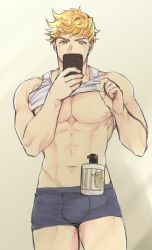 Rule 34 | 1boy, abs, bara, blonde hair, blue male underwear, blush, boxers, bulge, clothes lift, erection, erection under clothes, granblue fantasy, green eyes, hazama (hazamazama), holding, holding phone, large pectorals, lifted by self, looking at phone, male focus, male underwear, muscular, muscular male, navel, nipples, object on bulge, pectorals, phone, shampoo, shampoo bottle, shampoo challenge, short hair, solo, tank top, thick thighs, thighs, underwear, vane (granblue fantasy), white tank top