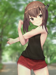 Rule 34 | 10s, 1girl, adapted costume, baffu, bare shoulders, black shirt, blush, brown hair, commentary request, cowboy shot, day, hair between eyes, headband, headgear, highres, kantai collection, looking at viewer, outdoors, red shorts, shirt, short hair, shorts, sleeveless, sleeveless shirt, smile, solo, stretching, taihou (kancolle), tree