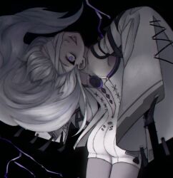 Rule 34 | 1girl, backless dress, backless outfit, bandage over one eye, black background, detached sleeves, dress, from behind, grey dress, grey sleeves, highres, long hair, looking at viewer, looking back, mado tyan, no.21: xxi (punishing: gray raven), no.21 (punishing: gray raven), open mouth, pale skin, pose request, punishing: gray raven, purple eyes, sleeves past fingers, sleeves past wrists, solo, subdermal port, very long hair