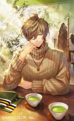 Rule 34 | 1boy, bookshelf, brown hair, brown sweater, coaster, coat, coat rack, copyright notice, cup, green eyes, green tea, hair over one eye, hat, head rest, hotaruika niji, indoors, jewelry, lamp, lens flare, long sleeves, looking at viewer, male focus, mole, mole under eye, nijisanji, official art, oliver evans, parted lips, pendant, plant, ribbed sweater, scarf, short hair, smile, solo, sweater, table, tea, turtleneck, turtleneck sweater, unworn coat, unworn hat, unworn headwear, unworn scarf, upper body, virtual youtuber, wooden table