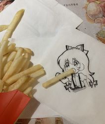 Rule 34 | 1girl, bow, collared shirt, cropped torso, eating, food, french fries, fujiwara no mokou, hair bow, highres, holding, holding food, jokanhiyou, long hair, mcdonald&#039;s, napkin, no nose, open mouth, photo (medium), shirt, sketch, solo, symbol-only commentary, tagme, touhou, traditional media, unconventional media, upper body