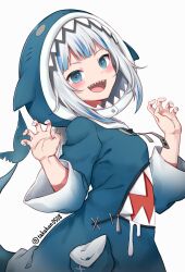 Rule 34 | 1girl, absurdres, animal hood, blue eyes, blue hair, blue hoodie, blush, claw pose, commentary request, from side, gawr gura, gawr gura (1st costume), highres, hololive, hololive english, hood, hoodie, long sleeves, looking at viewer, looking to the side, multicolored hair, open mouth, shark hood, sharp teeth, simple background, smile, solo, streaked hair, takahan, teeth, textless version, twitter username, two-tone hair, upper body, virtual youtuber, white background, white hair