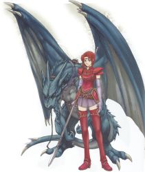 Rule 34 | 1girl, armor, boots, dragon, fire emblem, fire emblem: the binding blade, gloves, green eyes, highres, kaneda eiji, melady (fire emblem), nintendo, official art, polearm, red armor, red eyes, red hair, simple background, solo, spear, tail, teeth, tiara, weapon, white background, wings