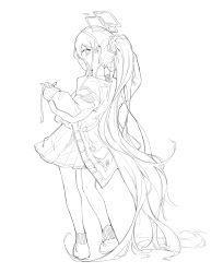 Rule 34 | 1girl, absurdly long hair, alternate hairstyle, aris (blue archive), blue archive, from behind, greyscale, halo, highres, jacket, long hair, looking at viewer, looking back, monochrome, pleated skirt, polyvora, ponytail, shoes, skirt, solo, standing, tying hair, very long hair