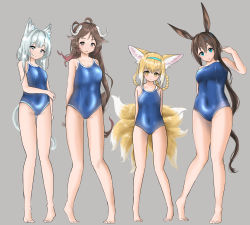 Rule 34 | 4girls, absurdres, ahoge, amiya (arknights), animal ear fluff, animal ears, arknights, bare arms, bare legs, bare shoulders, barefoot, blonde hair, blue eyes, blue hairband, blue one-piece swimsuit, braid, braided hair rings, breasts, cat ears, cat tail, commentary request, commission, covered navel, eyjafjalla (arknights), fox ears, fox tail, full body, grey background, grey eyes, hair rings, hairband, highres, horns, long hair, looking at viewer, medium breasts, multiple girls, multiple tails, one-piece swimsuit, parted lips, pixiv commission, rabbit ears, rosmontis (arknights), seirein (htyn2888), sheep ears, sheep horns, silver hair, simple background, standing, suzuran (arknights), swimsuit, tail, very long hair, yellow eyes