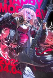 Rule 34 | backwards hat, bass guitar, black pants, boots, guitar, happy birthday, hat, headphones, headphones around neck, highres, holding, holding instrument, holding plectrum, hololive, hololive english, instrument, jacket, jewelry, mori calliope, mori calliope (new underworld order), open mouth, pants, pink hair, plectrum, quasarcake, red eyes, red nails, see-through, virtual youtuber