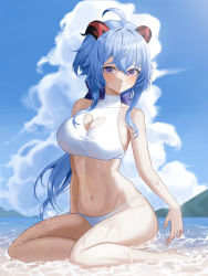 Rule 34 | 1girl, absurdres, ahoge, bare arms, bare legs, bare shoulders, barefoot, bikini, blue hair, blue sky, blush, breasts, cleavage, cleavage cutout, clothing cutout, cloud, collarbone, commentary, day, ganyu (genshin impact), genshin impact, groin, hair between eyes, heart cutout, hee (user ykux4248), highres, horns, large breasts, long hair, looking at viewer, navel, purple eyes, sitting, sky, solo, stomach, swimsuit, thighs, very long hair, water, white bikini, yokozuwari