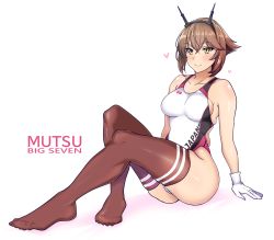 Rule 34 | 1girl, aiuti, black thighhighs, blush, breasts, brown hair, brown thighhighs, competition swimsuit, gloves, hairband, headgear, highleg, highres, kantai collection, large breasts, looking at viewer, mutsu (kancolle), one-piece swimsuit, radio antenna, short hair, simple background, sitting, smile, solo, swimsuit, thighhighs, white background, white gloves