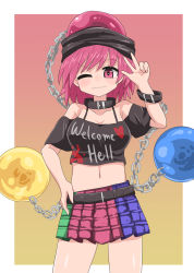 Rule 34 | 1girl, belt, black shirt, border, breasts, brown belt, chain, chups, cleavage, closed mouth, clothes writing, cowboy shot, earth (ornament), gradient background, hand on own hip, hecatia lapislazuli, highres, looking at viewer, medium hair, moon (ornament), multicolored clothes, multicolored skirt, navel, off-shoulder shirt, off shoulder, one eye closed, orange background, plaid, plaid skirt, red eyes, red hair, shirt, skirt, smile, solo, standing, t-shirt, touhou, v, white border, yellow background