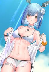 Rule 34 | 1girl, abs, asymmetrical bangs, azur lane, bead bracelet, beads, bikini, bikini skirt, black bikini, blue hair, blue sky, blush, bracelet, breasts, cleavage, cloud, cloudy sky, collar, commentary, commission, cowboy shot, cross, cross necklace, day, detached collar, english text, flower, frilled collar, frills, gascogne (azur lane), gascogne (tropical environs acclimation service equipment) (azur lane), gascogne (tropical environs acclimation service equipment) (azur lane), groin, hair between eyes, hair flower, hair ornament, headpiece, jewelry, light blue hair, looking at viewer, medium breasts, midriff, multicolored hair, navel, necklace, outdoors, parted bangs, scrunchie, see-through, shawl, short hair, side-tie bikini bottom, skindentation, sky, solo, straight hair, streaked hair, swimsuit, thighs, toned, two-tone hair, uhhgaoh, watermark, wet, white bikini, wrist scrunchie, wristband, yellow eyes