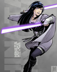 Rule 34 | 1girl, bandages, belt, black hair, blunt bangs, blunt ends, boots, breasts, byakugan, character name, cleavage, collarbone, commentary, crossover, dual wielding, energy sword, english commentary, facing viewer, grey background, highres, holding, holding lightsaber, holding sword, holding weapon, hyuuga hinata, jedi, lightsaber, long hair, looking at viewer, matoshi, naruto, naruto (series), naruto shippuuden, open mouth, purple eyes, purple lightsaber, simple background, solo, standing, star wars, sword, teeth, tongue, weapon, wide sleeves
