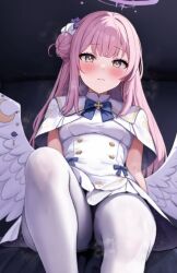 Rule 34 | 1girl, absurdres, blue archive, blush, breasts, capelet, dress, feathered wings, feet out of frame, hair bun, halo, highres, long hair, looking at viewer, medium breasts, mika (blue archive), mochitsuki karen, pantyhose, pink hair, single side bun, sitting, solo, steam, sweat, very long hair, white capelet, white dress, white pantyhose, white wings, wings, yellow eyes