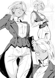 Rule 34 | 1girl, adjusting hair, anger vein, annoyed, asymmetrical hair, book, bow, bowtie, butler, buttons, closed mouth, female butler, formal, greyscale, hair behind ear, highres, holding, holding book, long sleeves, monochrome, monocle, onizuka furiru, original, pants, parted lips, rolling eyes, round eyewear, solo, tailcoat, thigh gap, vest