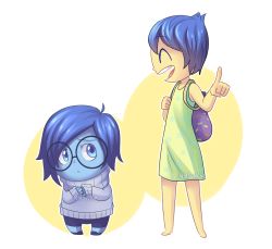 Rule 34 | 2girls, :&lt;, backpack, bag, blue eyes, blue hair, blue skin, colored skin, dress, glasses, green dress, height difference, inside out, joy (inside out), multiple girls, open mouth, pixar, pointing, sadness (inside out), short hair, smile, sweater, turtleneck, turtleneck sweater, yellow skin, yoyochaan