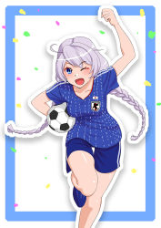 Rule 34 | 1girl, :d, ball, blue border, blue eyes, blue footwear, blue shirt, blue shorts, border, braid, clenched hand, confetti, gotointhepark, hair between eyes, hand up, highres, holding, honkai (series), honkai impact 3rd, japanese flag, kiana kaslana, long hair, looking at viewer, one eye closed, open mouth, shirt, shoes, shorts, simple background, smile, sneakers, soccer, soccer ball, soccer uniform, solo, sportswear, twin braids, white background, white hair