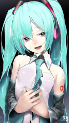 Rule 34 | 1girl, 39, absurdres, aqua eyes, aqua hair, aqua nails, aqua necktie, bad id, bad pixiv id, bare shoulders, black sleeves, breasts, commentary, detached sleeves, furrowed brow, grey shirt, hair ornament, half-closed eyes, hand on own stomach, hatsune miku, headphones, headset, highres, long hair, looking at viewer, nail polish, necktie, open mouth, own hands together, rsk (tbhono), shiny clothes, shirt, shoulder tattoo, sleeveless, sleeveless shirt, small breasts, solo, tattoo, twintails, upper body, very long hair, vocaloid