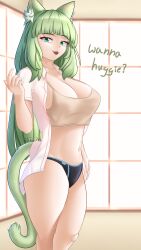 Rule 34 | 1girl, absurdres, animal ears, arknights, breasts, cat ears, cat girl, cat tail, cleavage, fangs, green eyes, green hair, harmonie (arknights), highres, large breasts, looking at viewer, panties, shirt, simple background, tail, takie arts, tank top, text focus, thick thighs, thighs, underwear, white shirt