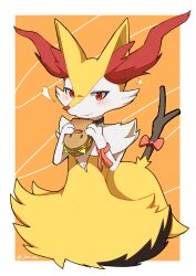 Rule 34 | 1boy, absurdres, animal ear fluff, animal ears, animal hands, animal nose, artist name, black choker, blush, body fur, border, bow, braixen, bread, cheese, choker, closed mouth, cowboy shot, creatures (company), ditto, fang, fang out, food, foodification, fox boy, fox ears, fox tail, furry, furry male, game freak, gen 1 pokemon, gen 6 pokemon, hands up, happy, heart, highres, holding, holding food, joe.ma, lettuce, looking at viewer, male focus, neck fur, nintendo, orange background, outside border, pokemon, pokemon (creature), red bow, red eyes, red ribbon, ribbon, sandwich, signature, simple background, smile, snout, solo, split mouth, standing, stick, tail, tomato, tomato slice, trap, twitter username, two-tone fur, white border, white fur, wrist ribbon, yellow fur