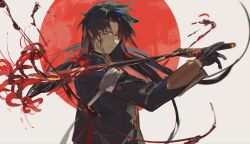 Rule 34 | 1boy, black sleeves, blade (honkai: star rail), blood, blood on face, chinese clothes, closed mouth, earrings, highres, holding, holding sword, holding weapon, honkai: star rail, honkai (series), jewelry, long hair, long sleeves, male focus, o0oherb, open hand, parted lips, red eyes, simple background, sketch, sword, upper body, weapon